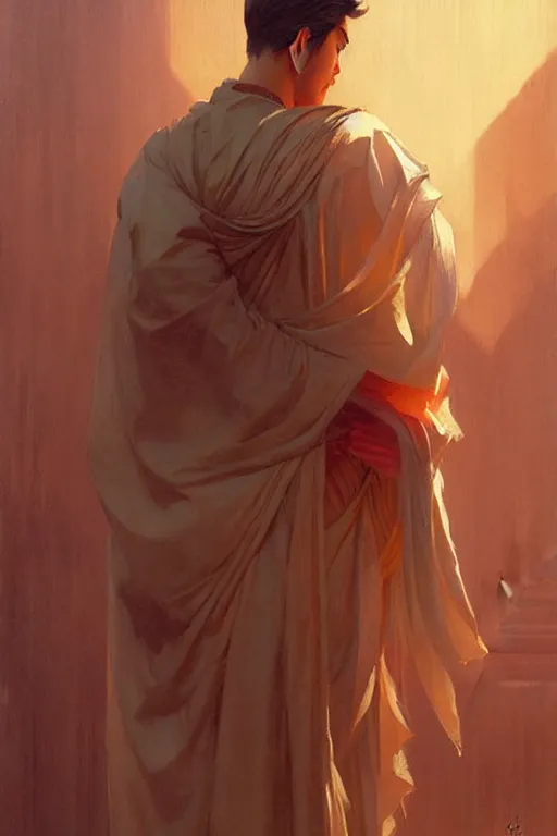 Prompt: male, temple, taoism, lotus, painting by greg rutkowski, j. c. leyendecker, artgerm