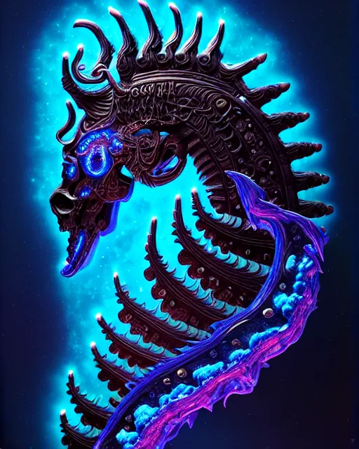 Image similar to 3 d ornate carved dark cosmic horse with profile portrait, sigma 5 0 0 mm f / 5. beautiful intricate highly detailed quetzalcoatl skull. bioluminescent, plasma, lava, ice, water, wind, creature, thunderstorm! artwork by tooth wu and wlop and beeple and greg rutkowski, 8 k trending on artstation