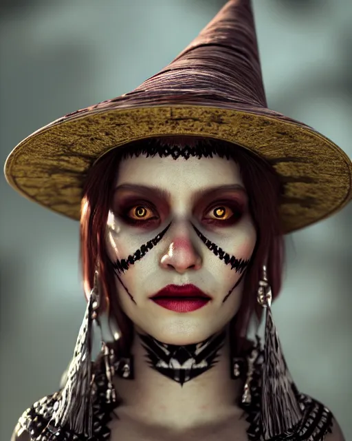 Image similar to beautiful headshot of the aztec witch of occult, realistic render, unreal engine, cgsociety, trending on deviantart, cinematic lighting, highly detailed