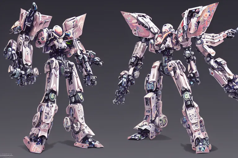 Prompt: combat mecha whose top half is a flower with petals being robotic limbs detailed floral inlay, sci - fi weaponry, hyperdetailed, bandai box art, behance hd artstation, realistic, plastic shaded