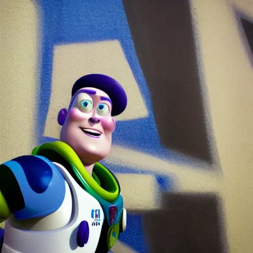 Image similar to UHD candid photo of Buzz Lightyear on skid row, UHD, photorealistic, correct face, photo by Annie Leibowitz