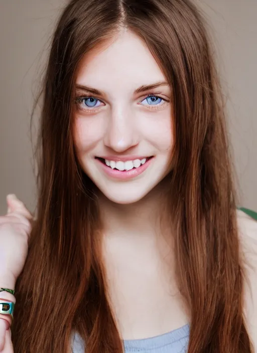 Prompt: portrait of a cute beautiful 2 0 year old woman with long brown hair, light green eyes, slight freckles, thin lips and cute smile