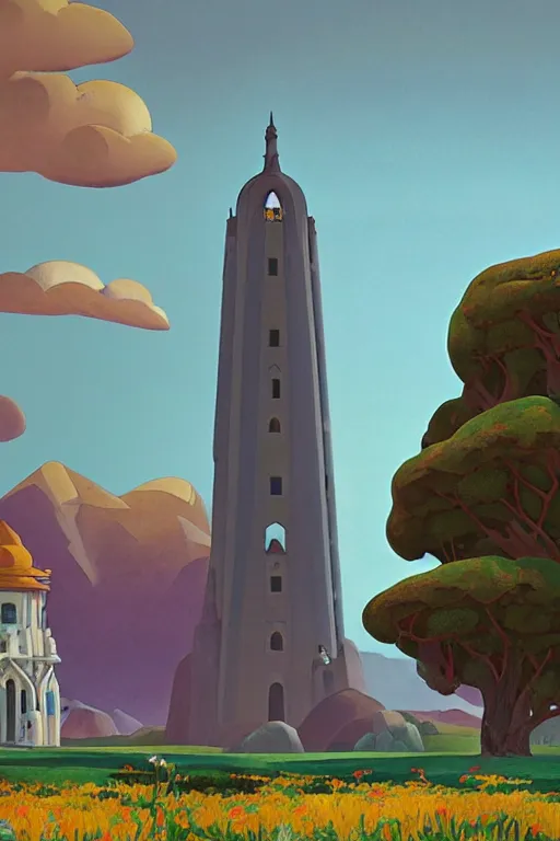 Prompt: distance view of the painted tower of the moon in its gardens fairytale illustration, tall windows, beautiful tilework, dramatic cinematic lighting, rich colors, golden age illustration, by Nicholas Roerich and Ludwig Deutsch and and Sylvain Sarrailh and April Gornik ,unreal engine