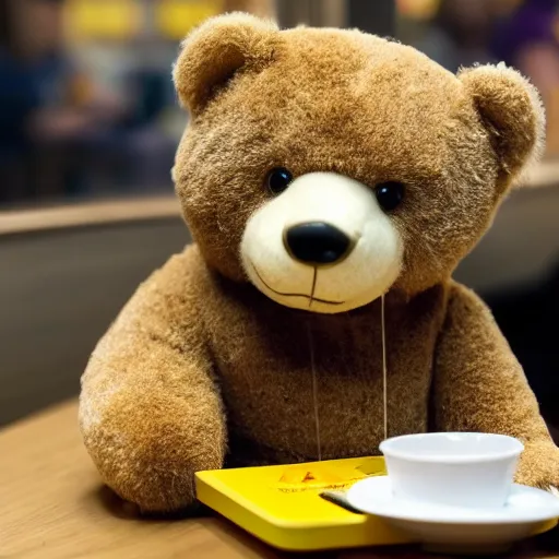 Prompt: A photo of a teddy bear sitting at a table in McDonald's, there is a happy meal on the table, HD.