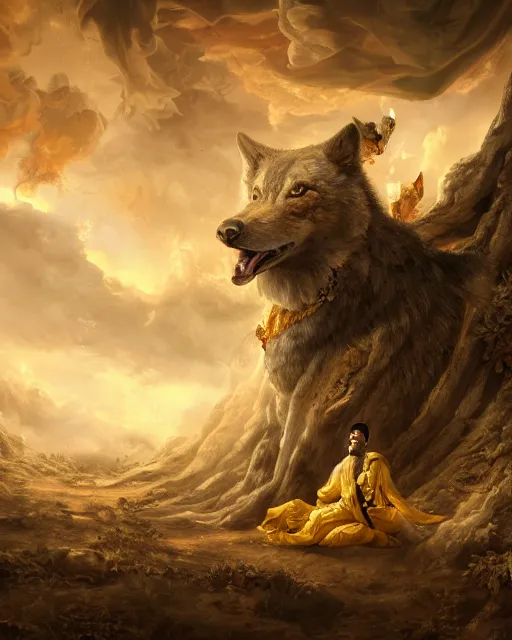 Image similar to A epic and beautiful rococo painting of a young arab guy half wolf covered in yellow cloth surrounded by wolves of ashes, standing before a desert of ashes. ultra-detailed. Anime, pixiv, UHD 8K CryEngine, octane render