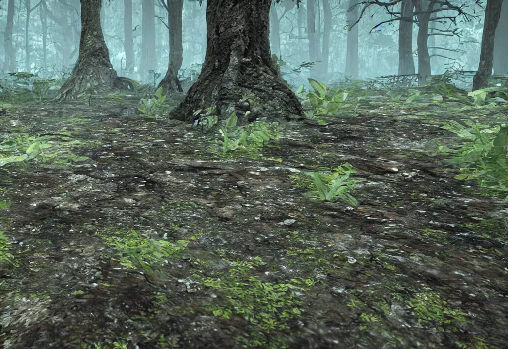 Image similar to close up of a decaying skeleton protruding barely from the dirt in a dense forrest, rain, realism, close up, unreal engine 5.