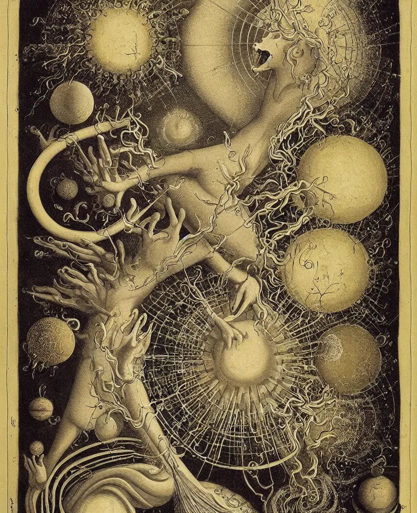 Image similar to whimsical freaky creature sings a unique canto about'as above so below'being ignited by the spirit of haeckel and robert fludd, breakthrough is iminent, glory be to the magic within, in honor of jupiter, painted by ronny khalil