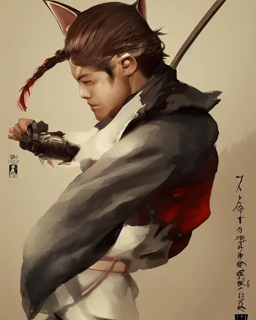 Prompt: An athletic man with fox ears and a katana wearing a kimono, portrait, visualartzi, Japanese, concept art by Karla Ortiz, James Paick, Charlie Bowater, Krenz Cushart, highly detailed, ultra detailed, ultra realistic, trending on artstation, cgstudio