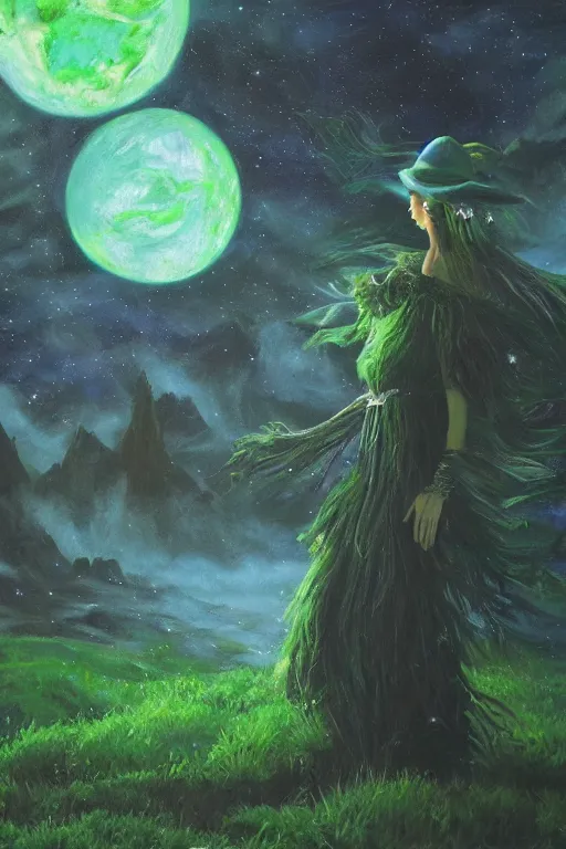 Prompt: a very oil painting of A Green Witch and her home planet, highly detailed, hyper realistic, volumetric lighting