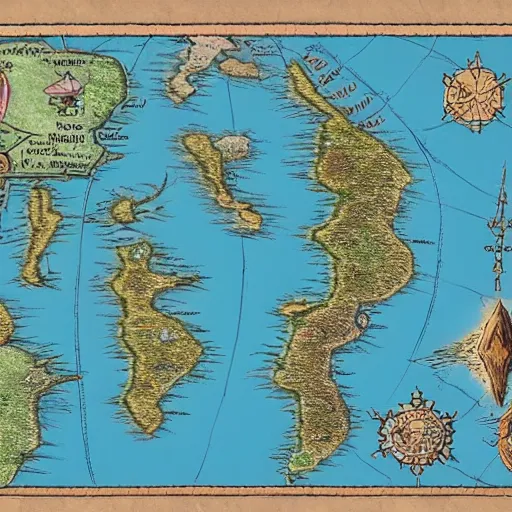 Prompt: map of a fantasy world, 5 continents