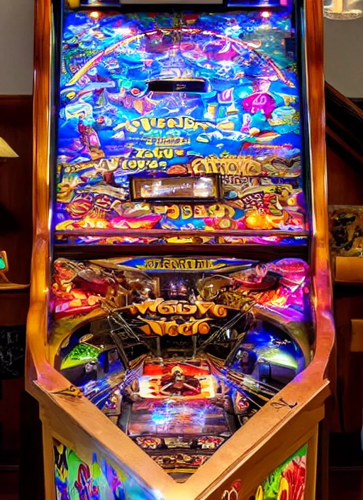 Prompt: a wide complex fancy wooden pinball machine that has fancy artwork inside with lights and pinball bumpers, wizard themed, front-view, disir photo