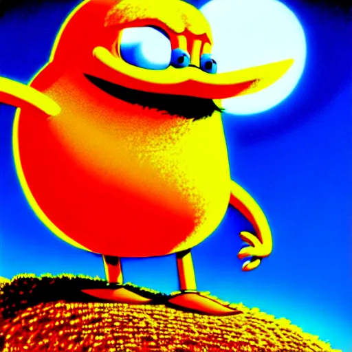 Image similar to professional illustration of dr. robotnik standing over the lorax, the lorax is llaying down and making a longing face, blushing, digital drawing, black outlines, dark lighting, a moonlight glow is coming from a window