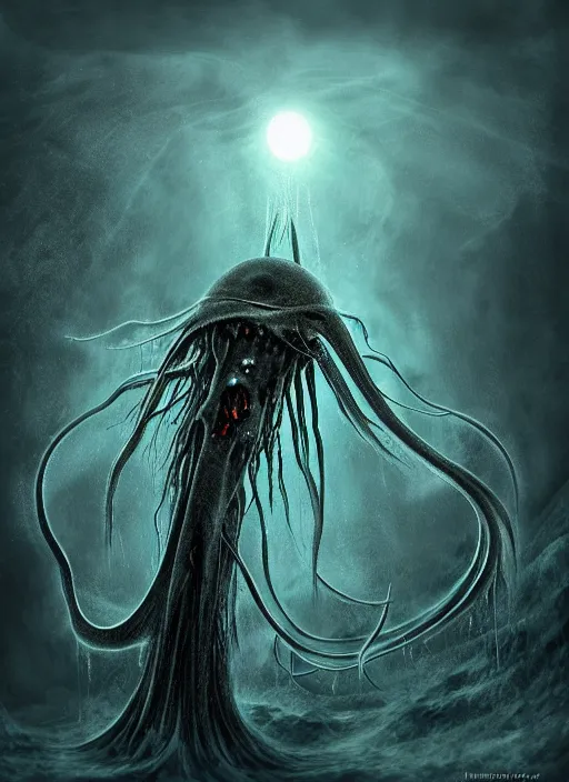 Prompt: bigfin squid, horror style, digital art, monster, ominous underwater environment, dark souls, terrifying, epic surrealism