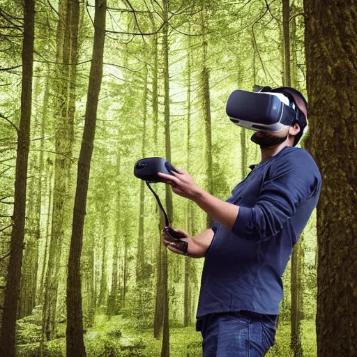 Prompt: a man using a vr set in a forest