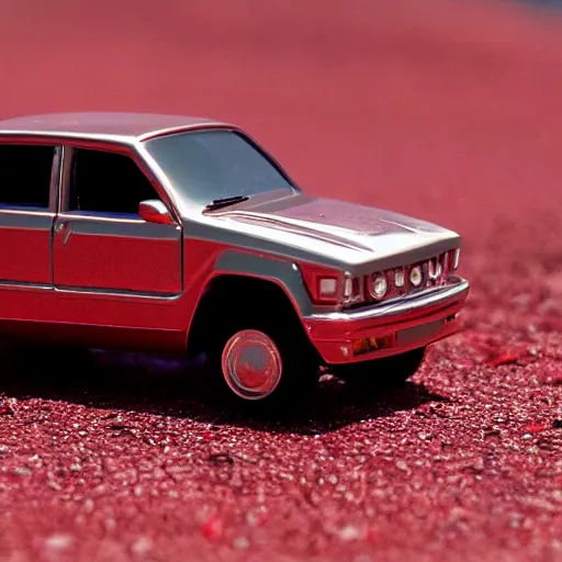 Image similar to 3 5 mm photo of metallic red aztek car like hot wheels model in area 5 1 as background