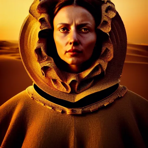 Prompt: Colour Caravaggio and Dune by denis villeneuve style full body Photography of Highly detailed beautiful Woman with 1000 years detailed face and wearing detailed Ukrainian folk costume designed by Taras Shevchenko also wearing highly detailed retrofuturistic sci-fi Neural interface designed by Josan Gonzalez. Many details In style of Josan Gonzalez and Mike Winkelmann and andgreg rutkowski and alphonse muchaand and Caspar David Friedrich and Stephen Hickman and James Gurney and Hiromasa Ogura. Rendered in Blender and Octane Render volumetric natural light