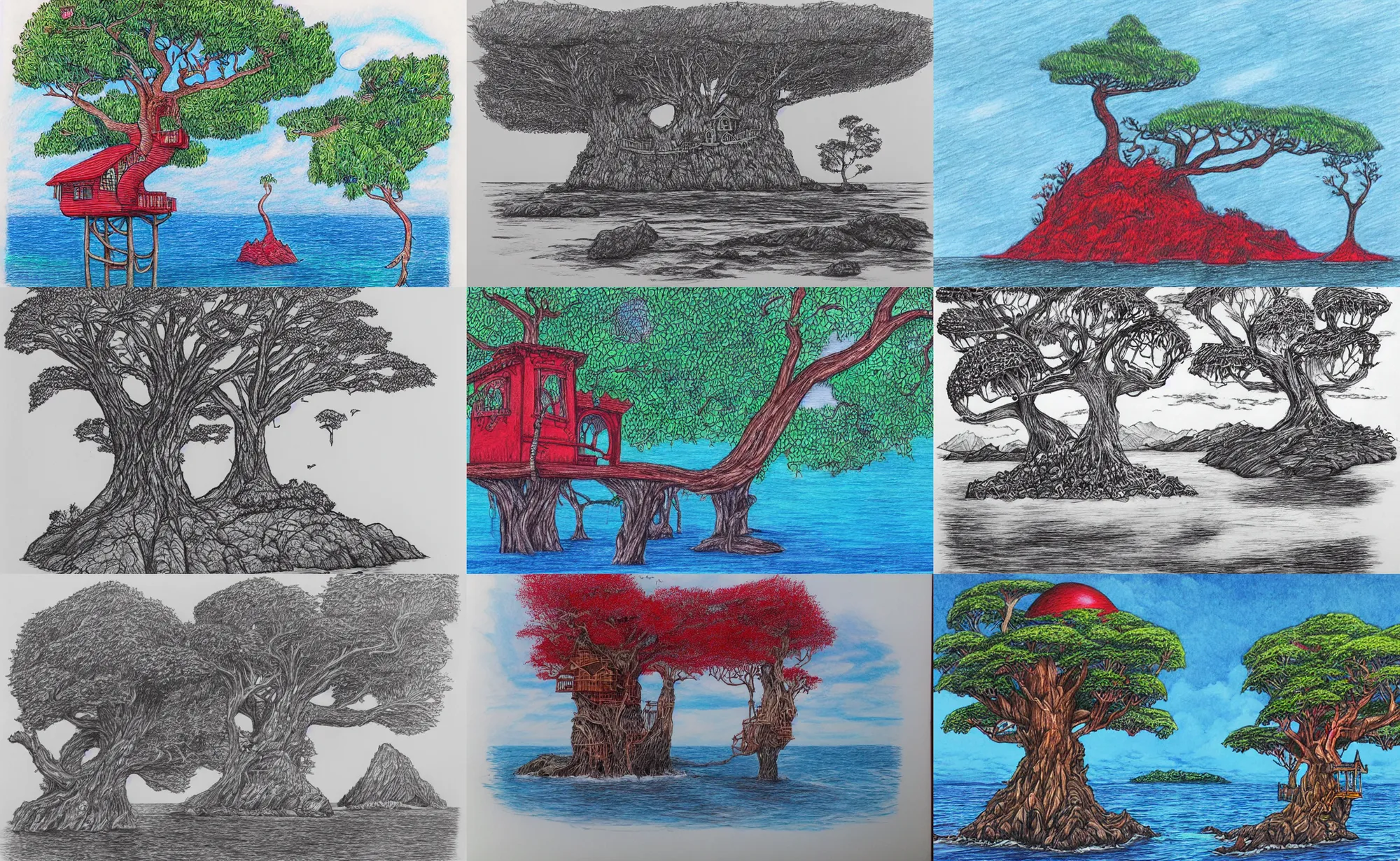 Prompt: red ballpoint pen drawing of a mystical island treehouse on the ocean