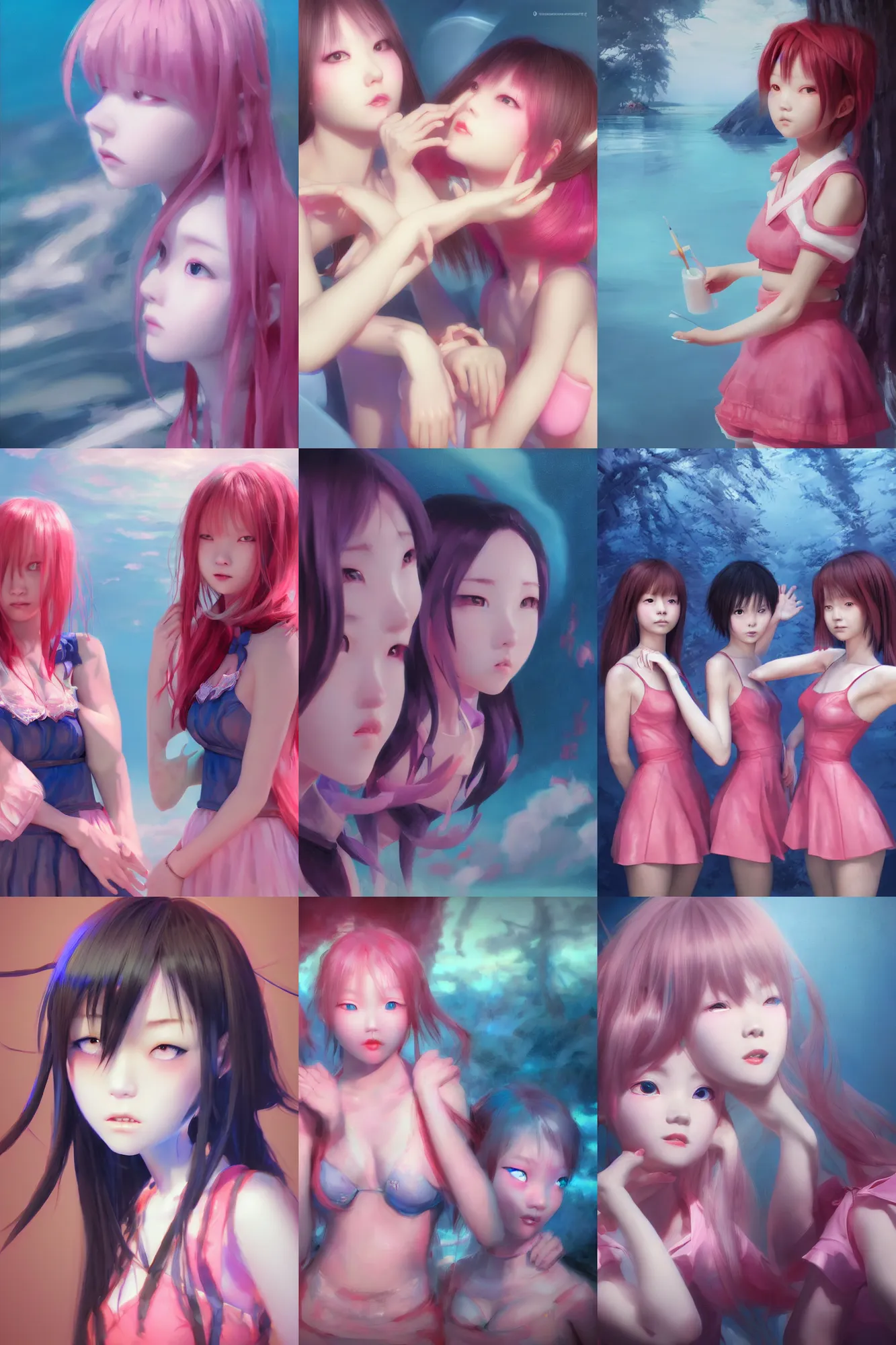 Image similar to 3d dark infrared octane render concept art by D. Jun, by Mo Xiang Tong Xiu, by Igarashi Daisuke, beauty portrait anime schoolgirls under dark pink and blue water. cute face. dramatic light, trending on artstation, oil painting.