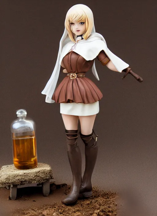 Image similar to 80mm resin detailed miniature of a female alchemist with short brown hair wearing a short dress, white stockings, leather boots and cape, Product Introduction Photos, 4K, Full body