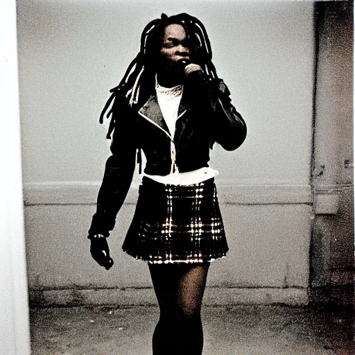 Prompt: jamaican woman with dreads wearing a leather jacket and a plaid miniskirt at a fancy restaurant, polaroid, by nan goldin, jamel shabbaz, gregg araki