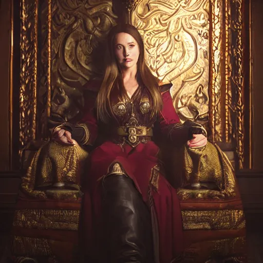 Image similar to the elder scrolls vi, charismatic regal humble brunette female jarl, portrait, throne room, atmospheric lighting, painted, intricate, volumetric lighting, beautiful, daytime, sunny weather, slight overcast, sharp focus, deep colours, ultra detailed, by leesha hannigan, ross tran, thierry doizon, kai carpenter, ignacio fernandez rios