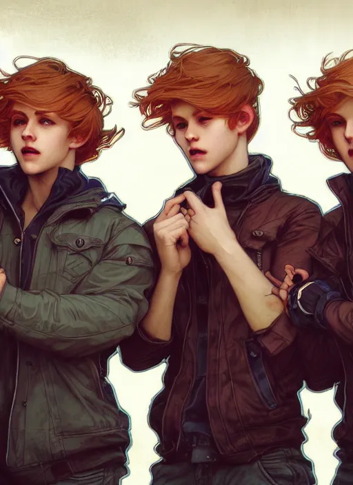 Prompt: close up portrait of mischievous male teen triplets, blond boy, brunette boy and redhead boy, urban clothing by artgerm, cushart krenz, greg rutkowski, mucha. art nouveau. gloomhaven, tropical atmosphere, natural tones, vibrant colors, sharp edges. ultra clear detailed. 8 k. elegant, intricate, octane render