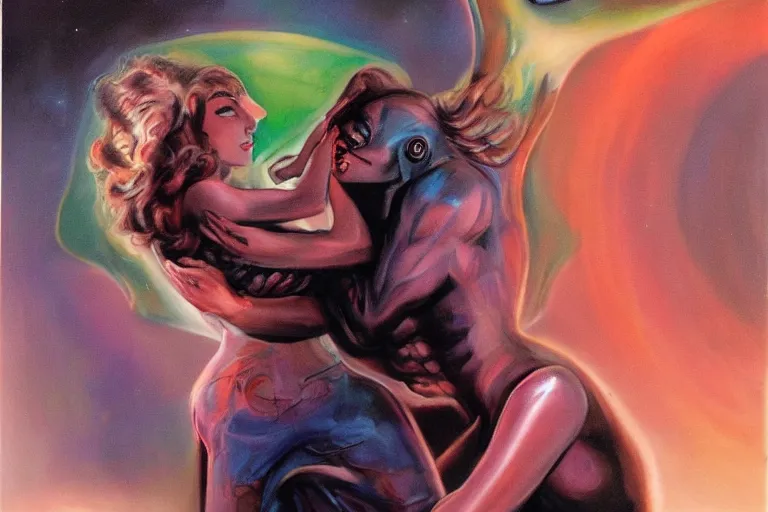 Image similar to an alien woman kisses a man by julie bell, sci - fi, color vibe, reimagined by industrial light and magic