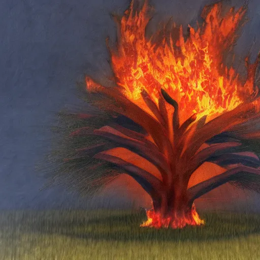 Image similar to evil tree on fire, photorealism, sharp focus