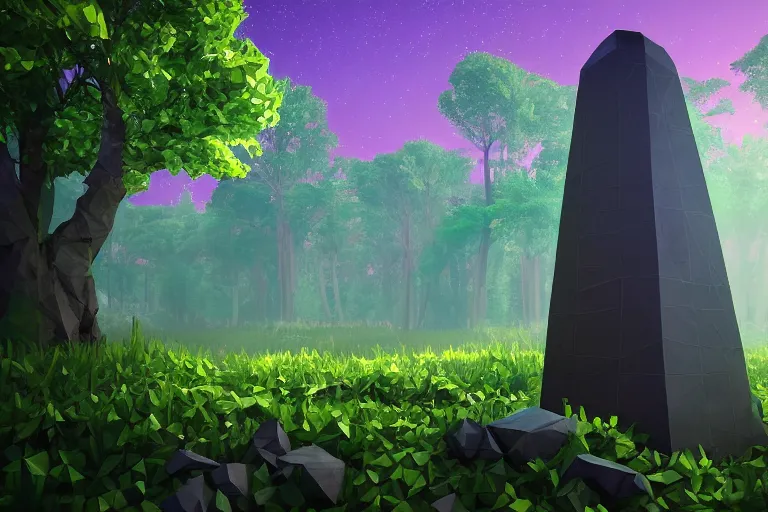 Prompt: super detailed color lowpoly art, thick overgrown forest grove, ancient stone obelisk featuring subtle glowing magic runes, emitting soft nature magic particles, unreal engine, retrowave color palette, 3 d render, lowpoly, colorful, digital art, perspective