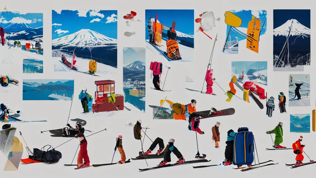 Image similar to an arrangement of skiing traveller props, japan, a collage painting, in the style of wes anderson, lola dupre, david hockney, isolated on negative white space background dark monochrome neon spraypaint accents volumetric octane render