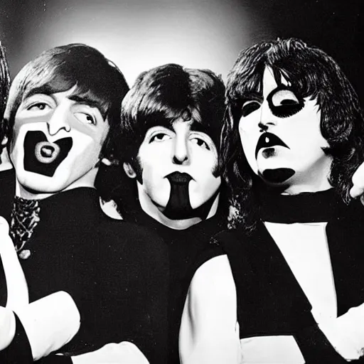 Prompt: the beatles playing together with kiss in a concert