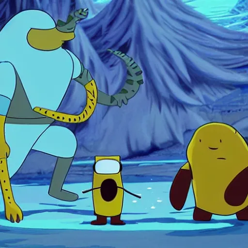 Prompt: finn and jake fighting the ice king in adventure time, symmetrical, full body image, accurate image, highly ornate intricate details, very sharp photo,