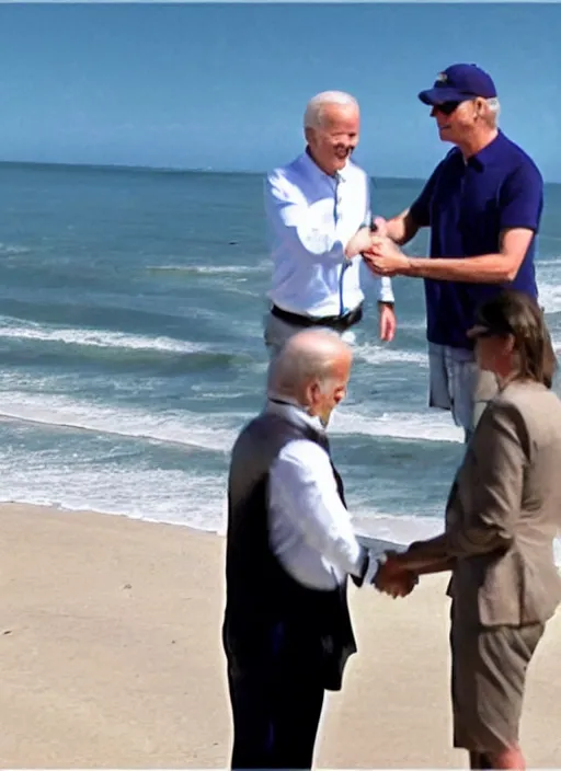 Prompt: photograph of Jeffery Epstein shaking hands with Joe Biden, real, taken with point and shoot camera, at beach. Smiling, holding ice cream, posing in front of ocean.