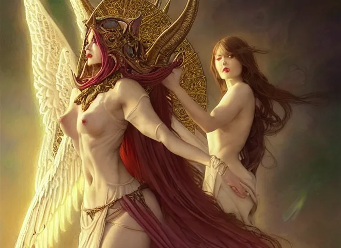 Prompt: portrait of demonic woman and angelic woman in armour, passionate pose, pixie, genshin impact, intricate, elegant, golden ratio, sharp focus, soft bokeh, illustration, highly detailed, concept art, matte, trending on artstation, bright colors, art by wlop and artgerm and greg rutkowski, mucha, giger, marvel comics, beksinski