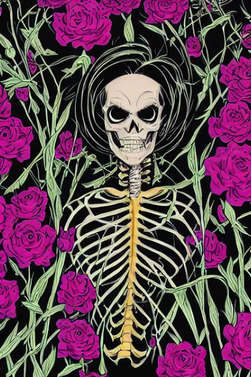 Image similar to portrait of a skeleton in a black suit and tie with flower shirt, vivid flower background by Jen Bartel and Dan Mumford and Satoshi Kon, gouache illustration