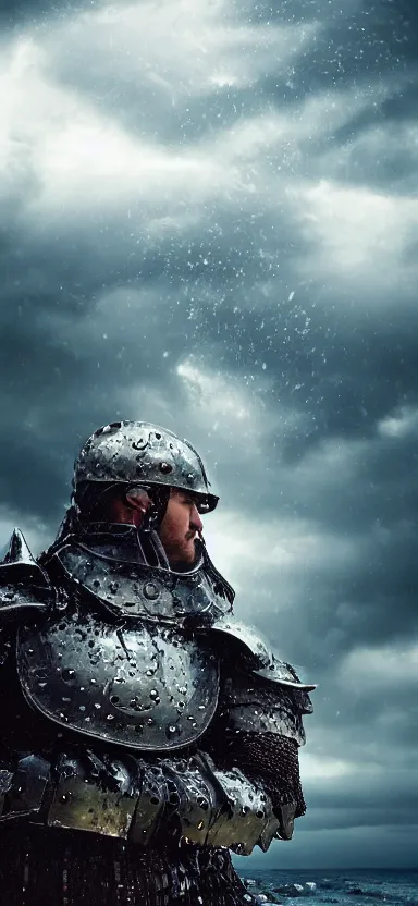 Image similar to armor made of water, made of liquid, rising up from ocean, water armor, high detail, high contrast, medium close up portrait, studio lighting, stormy seas, beautiful, bokeh, snowy, storm clouds, god rays, d & d, fantasy, elegant, aquamarine color palette, concept art, roger deakins and greg rutkowski and alphonse mucha