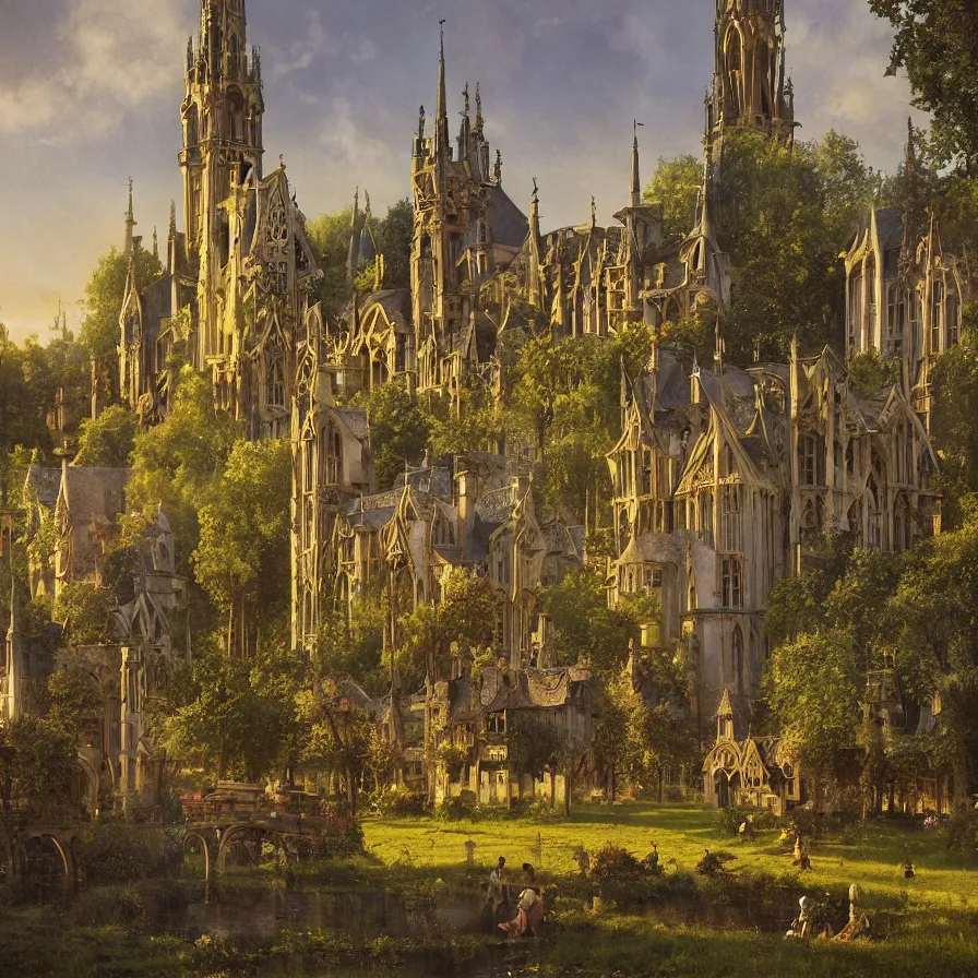 Image similar to a tudor style village in the shadows of an enormous Gothic Revival architecture castle in a lovely meadow at dusk, art nouveau matte painting, highly detailed