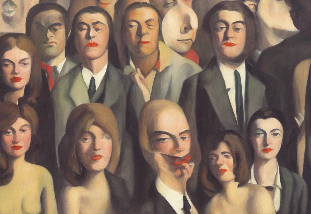 Image similar to group of people pictured in afternoon light, close - up of the faces, surrealist oil painting by edward hopper, dora maar and rene magritte