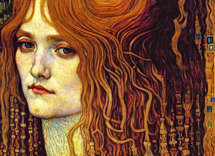 Image similar to detailed realistic beautiful young medieval queen face portrait by jean delville, gustav klimt and vincent van gogh, art nouveau, symbolist, visionary, gothic, pre - raphaelite, muted earthy colors, desaturated