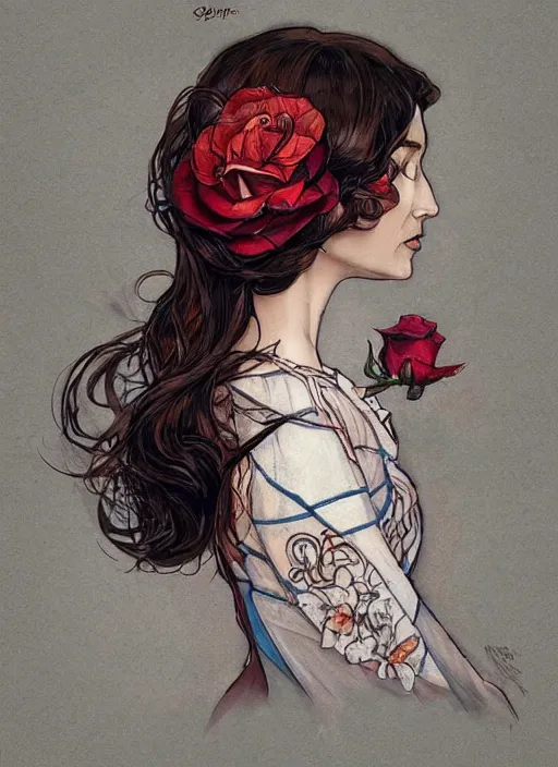 Prompt: carice van houten wearing a dress made from stained glass in the design of a rose. painting by artgerm and greg rutkowski and ilya kuvshinov