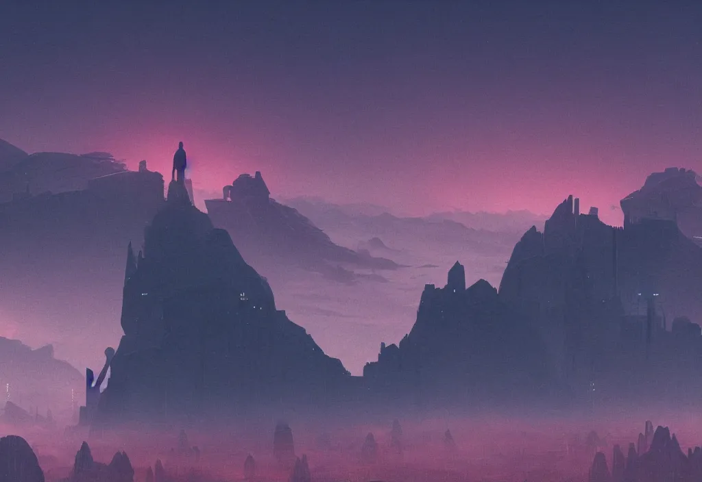 Prompt: a dramatic epic ethereal stunning beautiful and insanely detailed matte painting of a Blade Runner movie still, a small silhouette contemplates the landscape, atmospheric and vaporwave composition, digital art by Kilian Eng and Jean Giraud and Simon Stalenhag, winning-award masterpiece, fantastic, octane render, 8K HD Resolution, High quality image