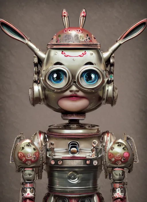 Image similar to closeup portrait of tin toy robot bunny trap, depth of field, zeiss lens, detailed, symmetrical, centered, fashion photoshoot, by nicoletta ceccoli, mark ryden, lostfish, breathtaking, 8 k resolution, extremely detailed, beautiful, establishing shot, artistic, hyperrealistic, octane render