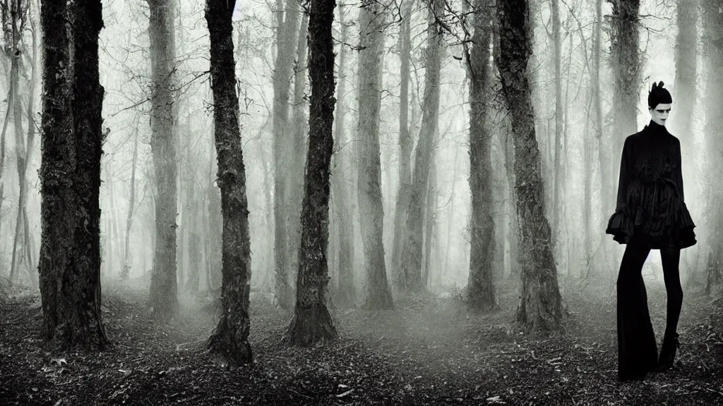 Image similar to eerie atmospheric symmetrical vogue fashion photography in a forest by paolo roversi