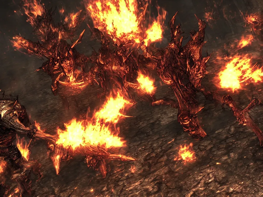 Prompt: Demon Souls Dark Souls Boss fight in flaming hell