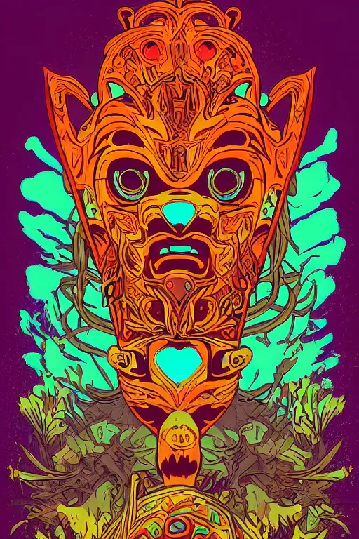 Image similar to animal mask totem roots flower tribal feather gemstone plant wood rock shaman vodoo video game vector cutout illustration vivid multicolor borderlands comics by josan gonzales and dan mumford radiating a glowing aura