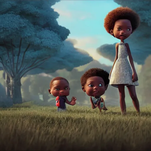 Image similar to stunning, coherent, impressive, still of black family, follow shot, 3d, in the style of pixar, comic book style, 3d, highly detailed, 16k resolution, octane renderer, coherent, cinematic lighting