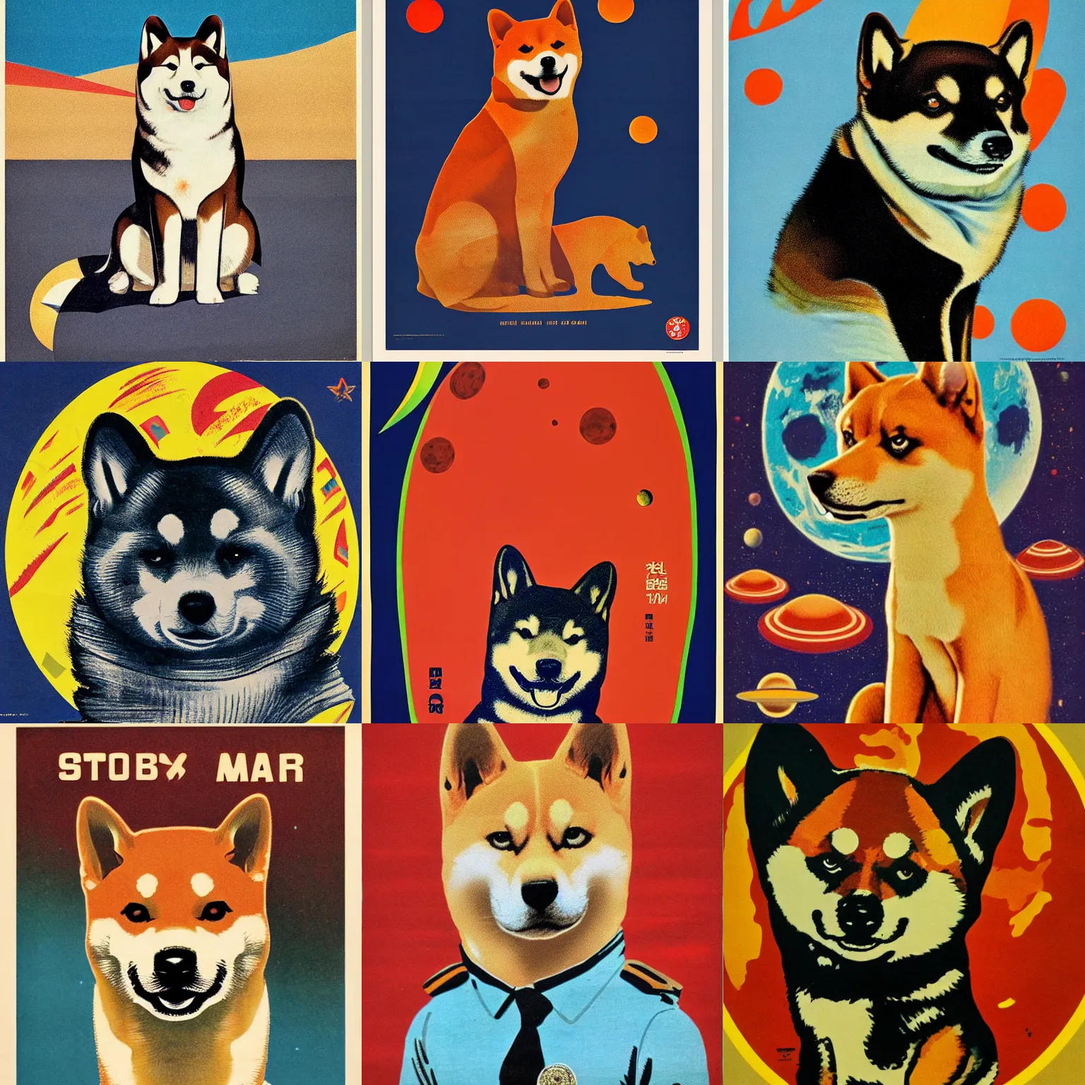 Prompt: Shiba Inu portrait, planet mars, 60s poster, 1972 Soviet