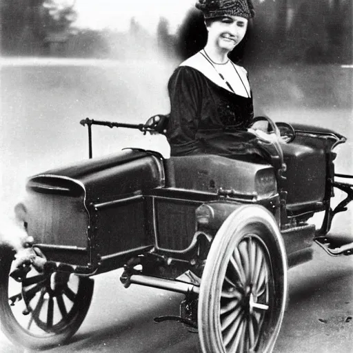 Image similar to an oldie car with wings and turbine, steam punk, black-white retro photo 1910, woman in front