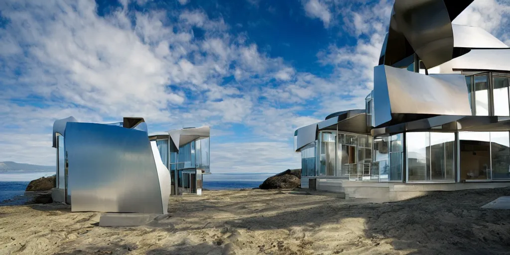 Image similar to modern norwegian fjord beach house designed by frank gehry, contemporary architecture, photography