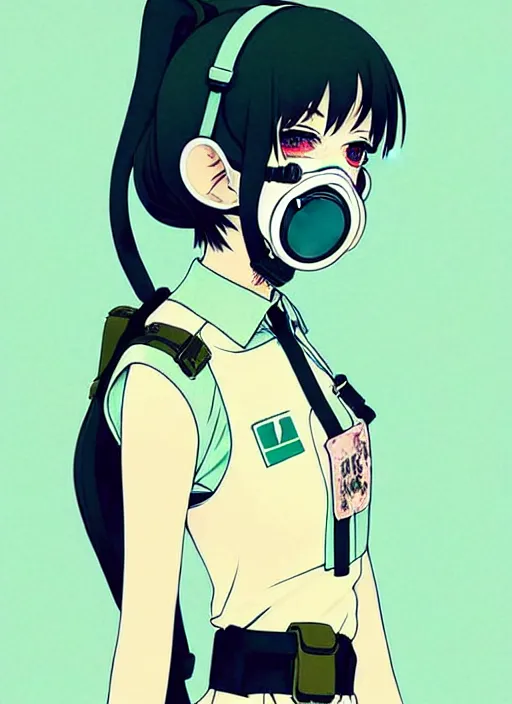 Image similar to girl wearing gas mask and uniform, very anime!!! anime!! intricate details, aesthetically pleasing pastel colors, smoke poster background, art by conrad roset and ilya kuvshinov